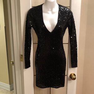 Black Sequin Deep V-Neck Long Sleeve Dress